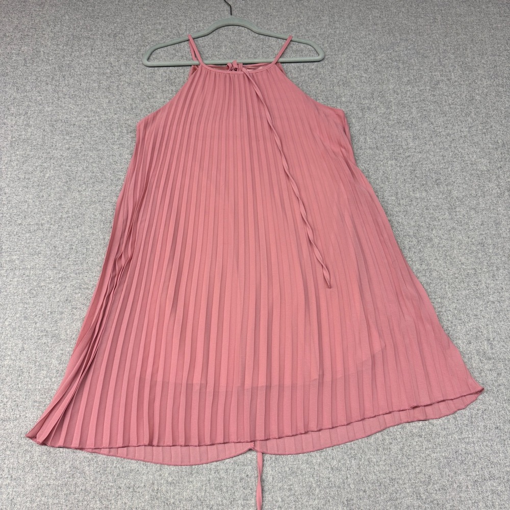 Ellames Pleated Halter Dress Large Pink Sleeveless Keyhole Back Flowy Lined 1260
